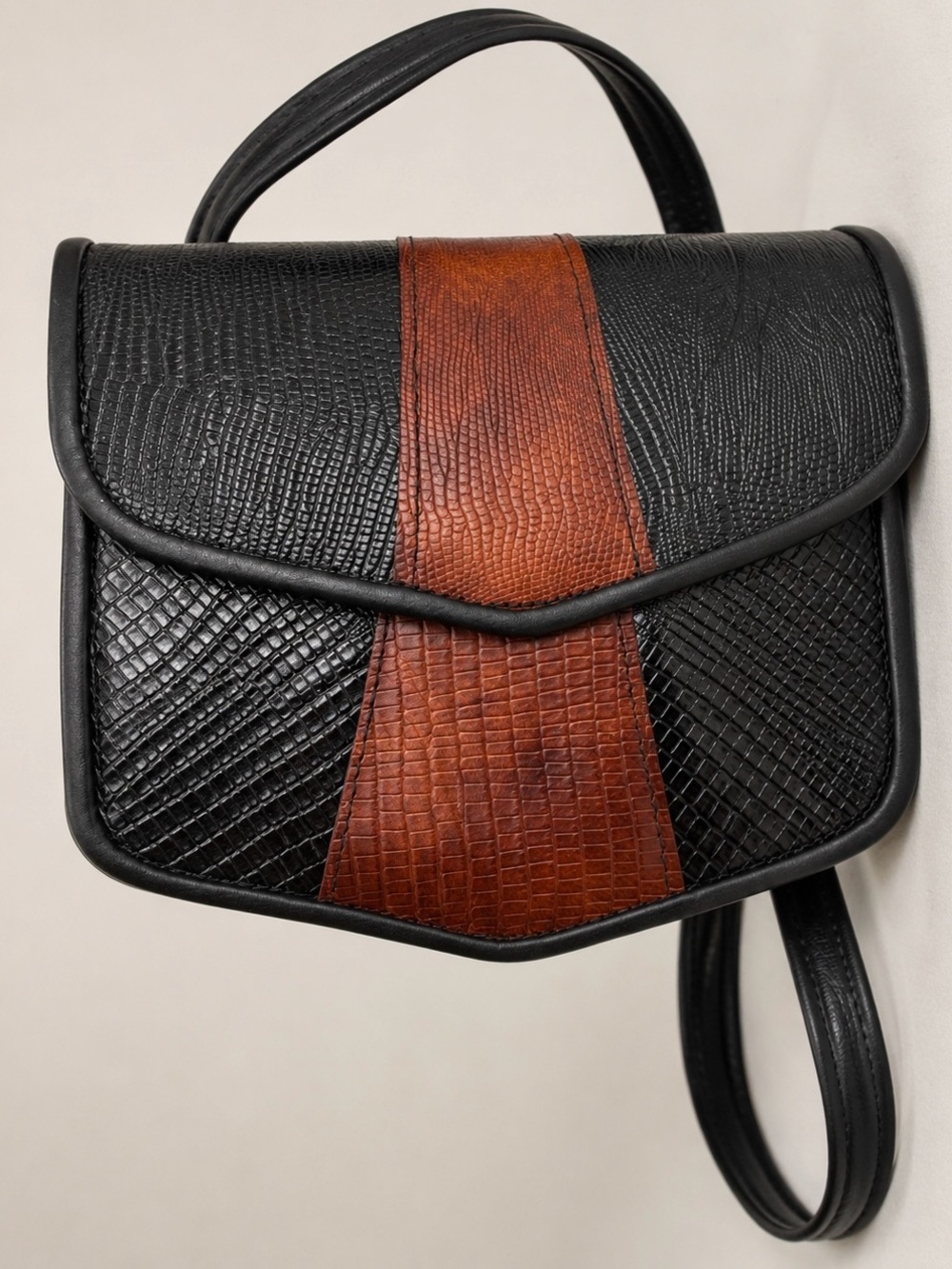 Textured Black and Brown Crossbody Bag with Top Handle